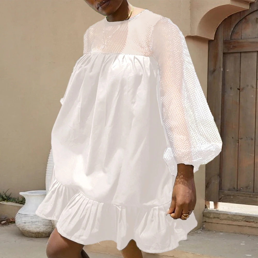 

Black O-Neck Sexy Robe Femme See Through Long Sleeve Patchwork Loose Knee Length Ruffles Office Lady Women's Summer Dress