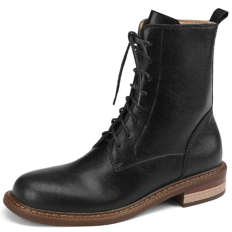 

Dilalula Women Genuine Leather Ankle Boots Autumn Winter Low Heels Lace-Up Sewing Genuine Leather Shoes Woman Office Ladies