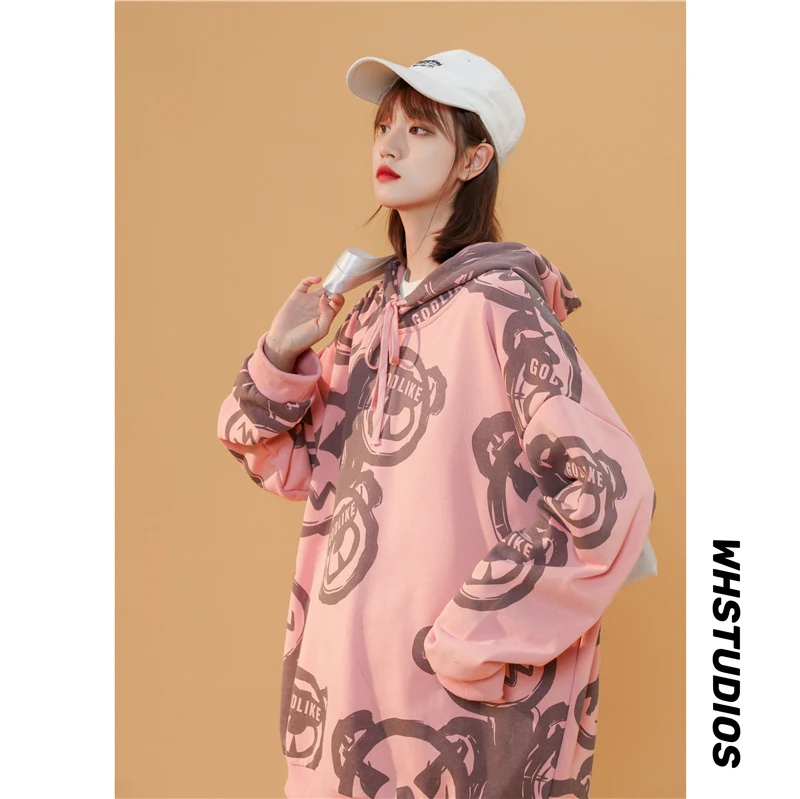 

Толстовка с капюшоном в стиле Харадзюку, пуловер с принтом медведя и граффити, Модный повседневный Свободный свитшот унисекс в стиле хип-хо...