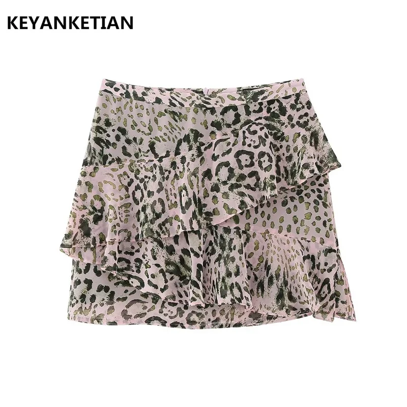 

KEYANKETIAN Summer New Women's Retro Style Animal Print Asymmetrical Lotus Leaf Border Elastic High Waist Mini Skirt Thin Style