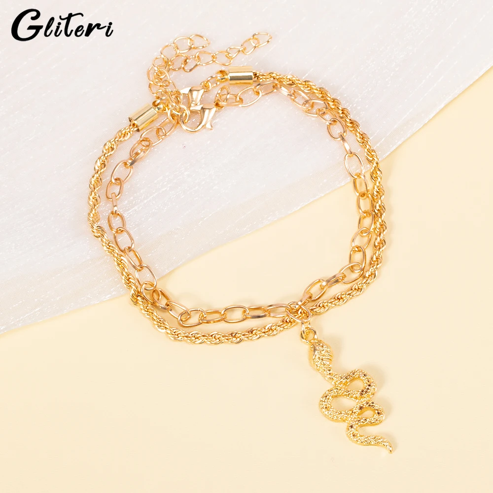 

GEITERI Vintage Double Snake Pendant Anklets For Women Girls Gold Color Clip Chain Foot Chain Bohemia Beach Jewelry Female 2023