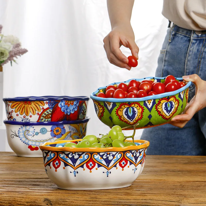 

Creative Bowl Hand Drawn Disc Salad Bowl Special Plate New European Tableware Large Fruit Bowls Ceramic Set Dish Microwave Oven