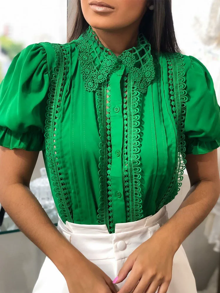 

Elegant Floral Embro Turn-down Collar Solid Blouses Women Fashion Hollow Out Patchwork Button Up Shirt Blouse Office Ladies Tops