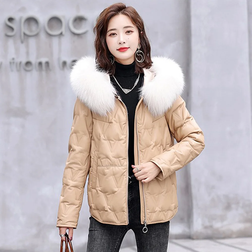 New Women Leather Down Jacket Autumn Winter Casual Fashion Hooded Real Fox Fur Collar Loose Sheepskin White Duck Down Coat