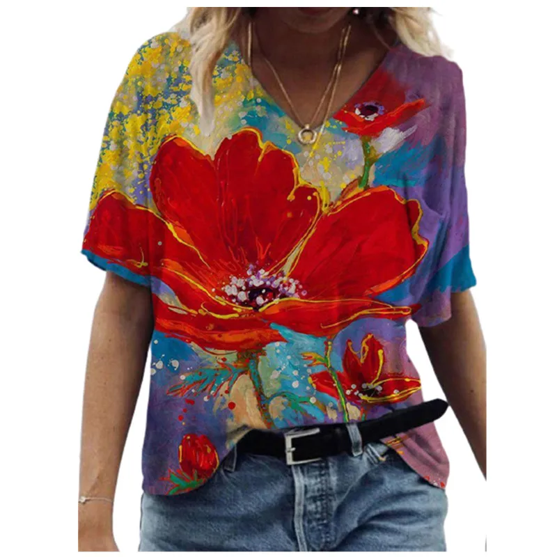 

3D Lotus Painting Flower Print Women T Shirt 2021 Summer Short Sleeve V-Neck Tee Clothes Plus Size Loose Casual Streetwear Tops
