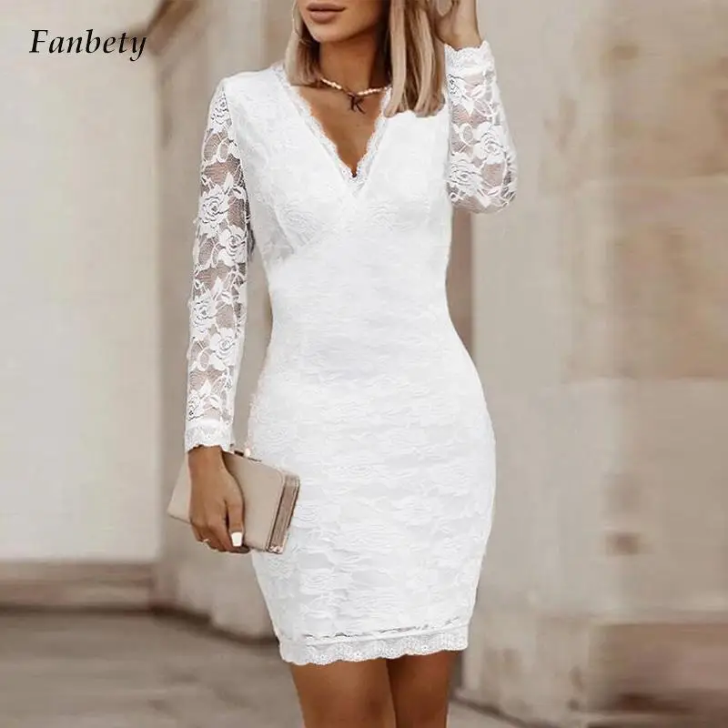 

Women Sexy Lace V-neck Bodycon Dress Office Elegant Embroidery Solid Mini Dress 2023 Casual See-through Long Sleeve Party Dress