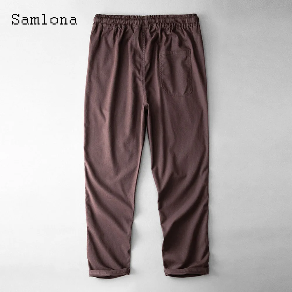 Брюки мужские льняные однотонные с поясом на резинке и карманами