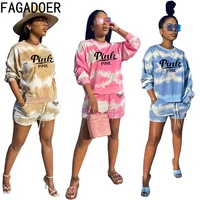 fagadoer tie dye print two piece sets women pink letter print tshirt and shorts tracksuits summer casual streetwear outfits 2022