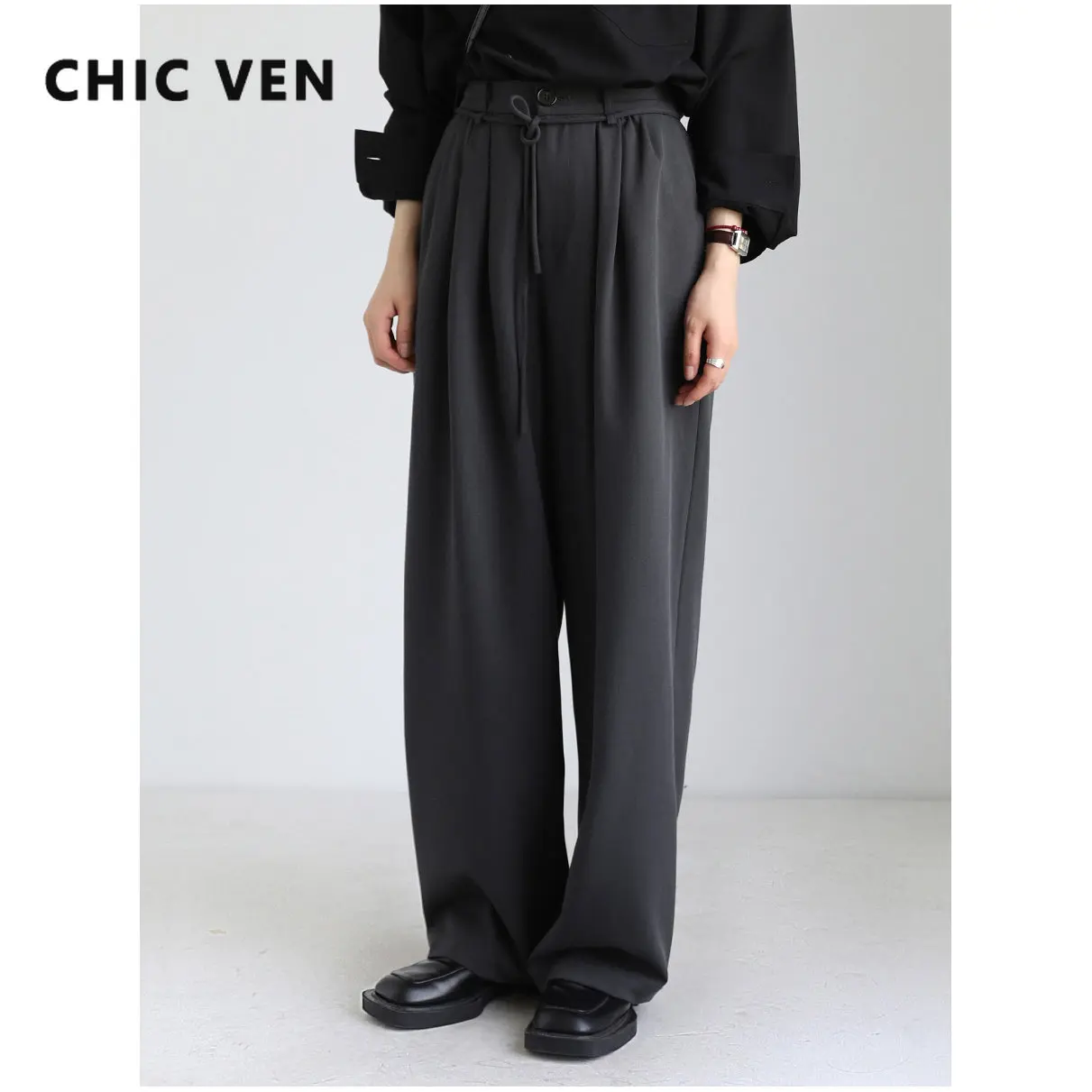 CHIC VEN Women's Pants Casual Loose Solid Elastic Harun Woman Wide Leg Trousers High Waist Female Clothing Spring Autumn 2022