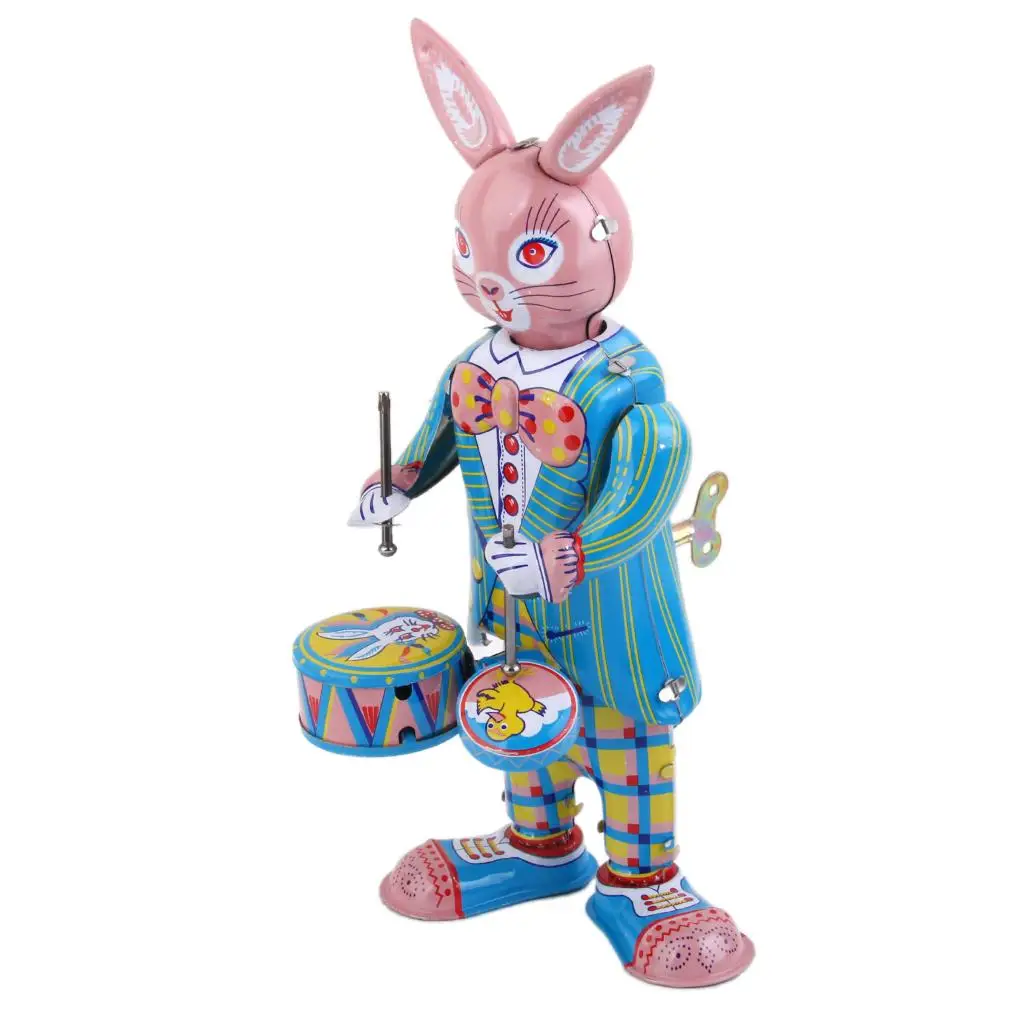 Vintage Wind Up Mr. Rabbit Bunny Drummer Clockwork W/ Key Tin Toy Xmas Gift | Toys