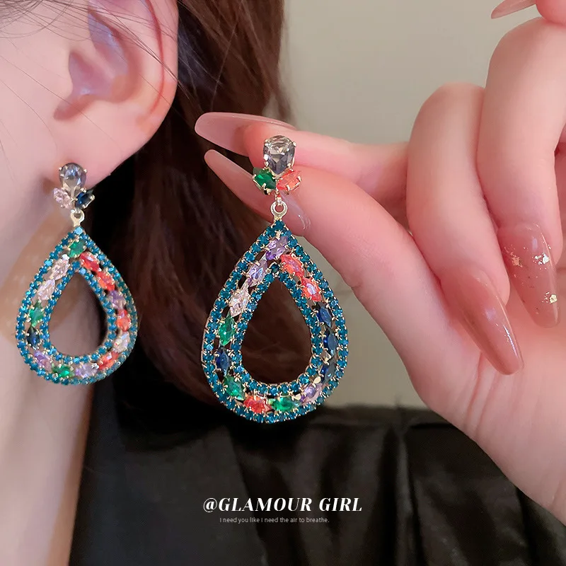 

2023 Vintage Top Grade Colorful Zircon Hollow Geometric Drop Earrings for Women Trendy Luxury Daily Party Earrings Jewelry Gift