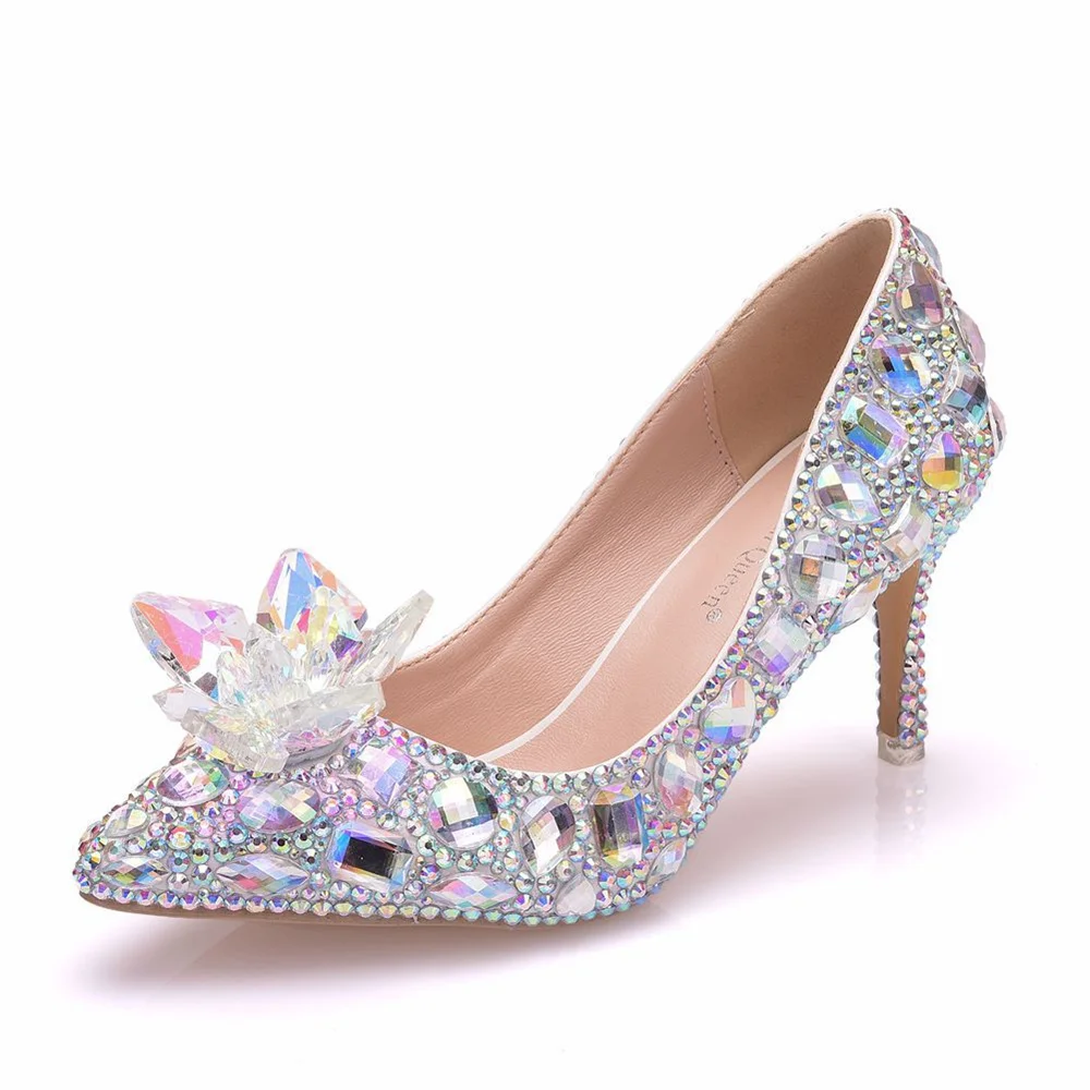 

Женские свадебные туфли на высоком каблуке, туфли-лодочки с бриллиантами, обувь Золушки со стразами, блестящие серебряные туфли с острым носком, новое поступление