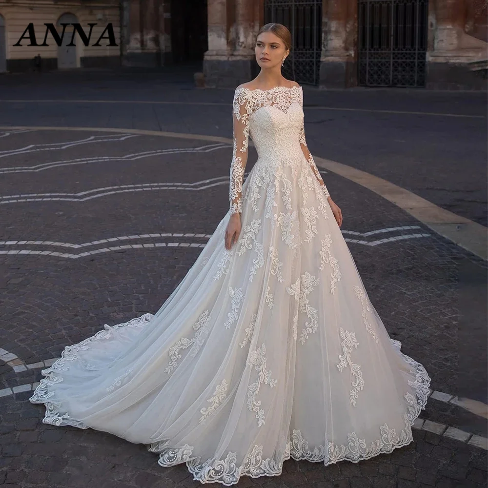 

Anna Beauty Wedding Dress 2022 Bohemia Boat Neck Tulle Beach Princess Long Sleeve Applique Button Simple Vestido De Noiva Civil
