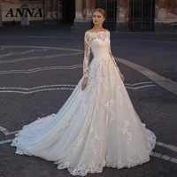 anna beauty wedding dress 2022 bohemia boat neck tulle beach princess long sleeve applique button simple vestido de noiva civil
