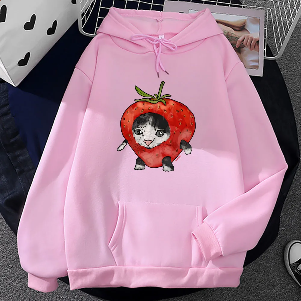 

Strawberry Cat Sweatshirts Men Women Kawaii Printed Hoodies Oversized Fleece Hooded Tops Couples Pullovers Comfortable Outfits