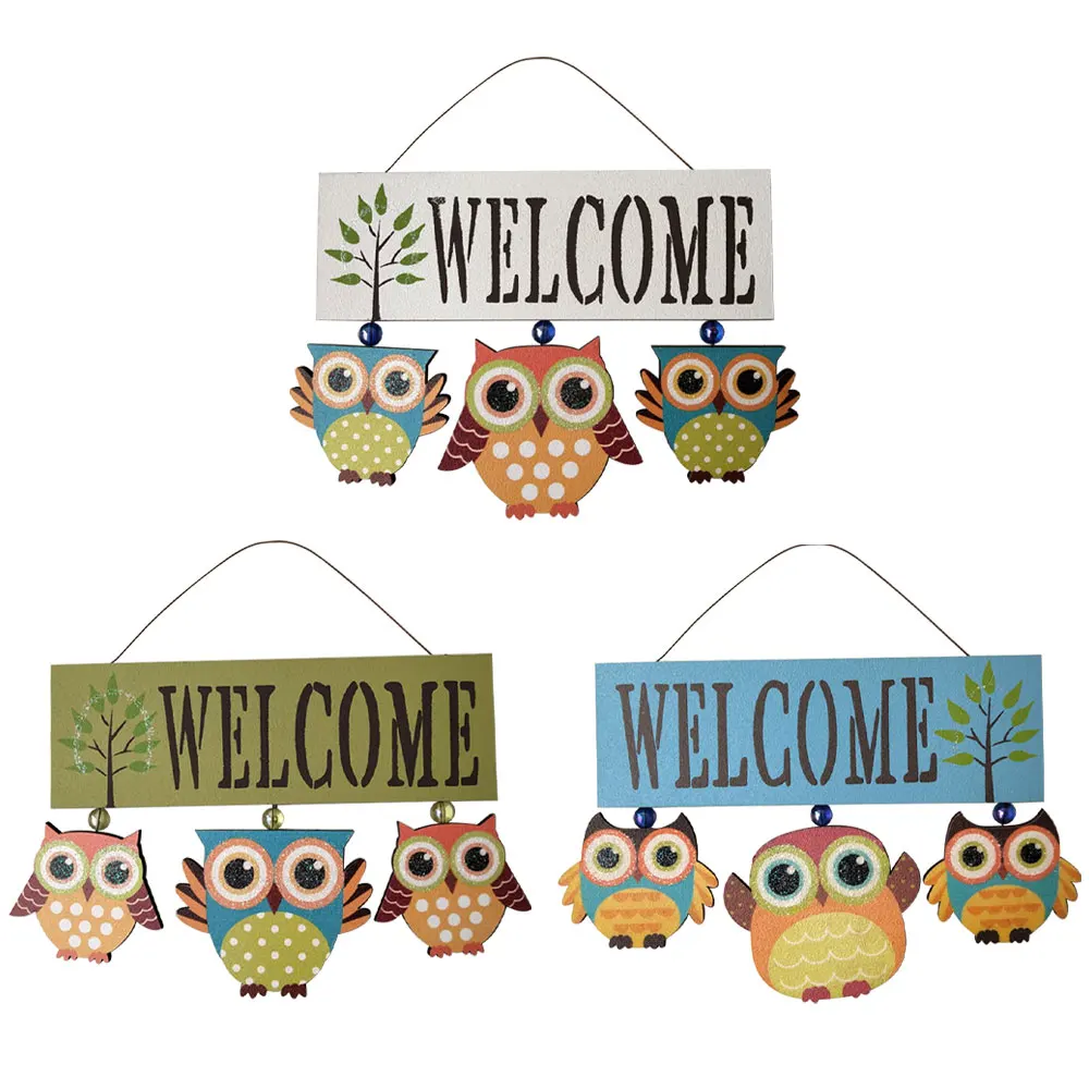 

Owls Hanging Hello Wooden Welcome Sign Plaque Home Art Decor Rustic Farmhouse Porch Front Door Sign Flower Wreath Ornament