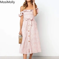 mosimolly pink print dress women off shoulder midi dress button front dress women female vestidos