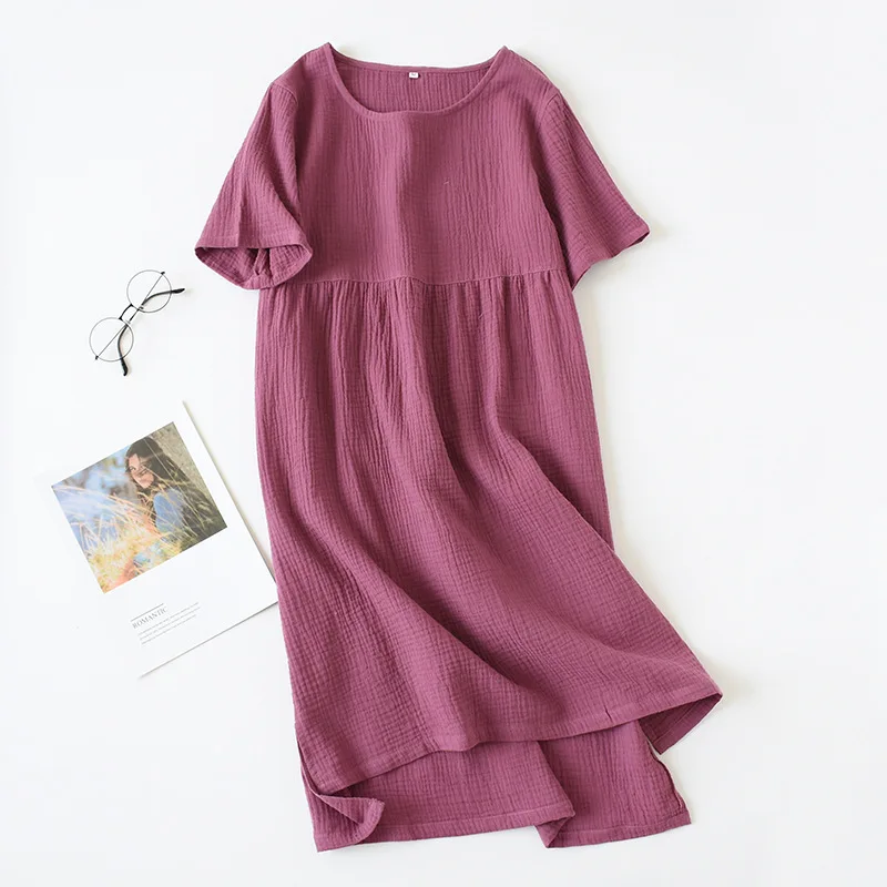 Thin Section Summer Sleepshirts Comfortable Solid Color Cotton Gauze Long Skirt Home Nightgowns  Women's Round Neck Nightdress