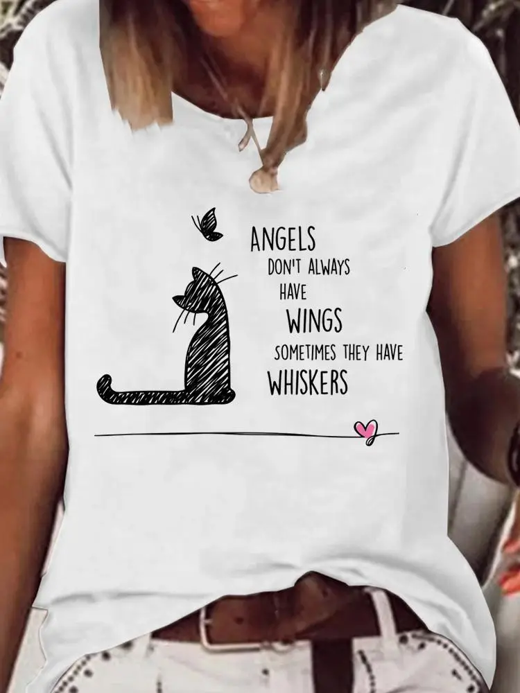 

Summer Fashion Women Clothing Short Sleeve Graphic T-shirt Cat Butterfly Funny Cute Print T Shirt Clothes Kawaii Basic Tee Top