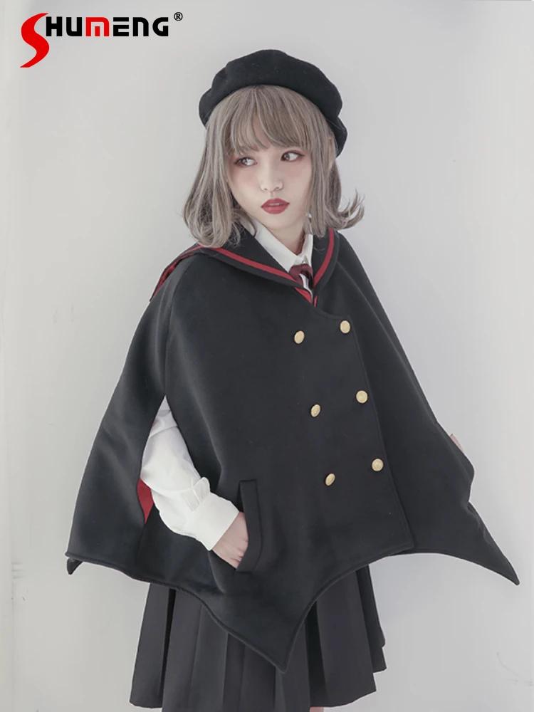 

Original Little Devil Bat Wings Black Cape Coat Dark Style Woman Double Breasted Sailor Collar Batwing Sleeve Pointed Shawl Coat