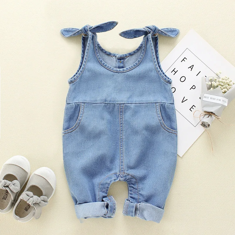 

Summer Girl Baby Fashion Denim Jumpsuit Sleeveless Bowknot Sling Cute Romper