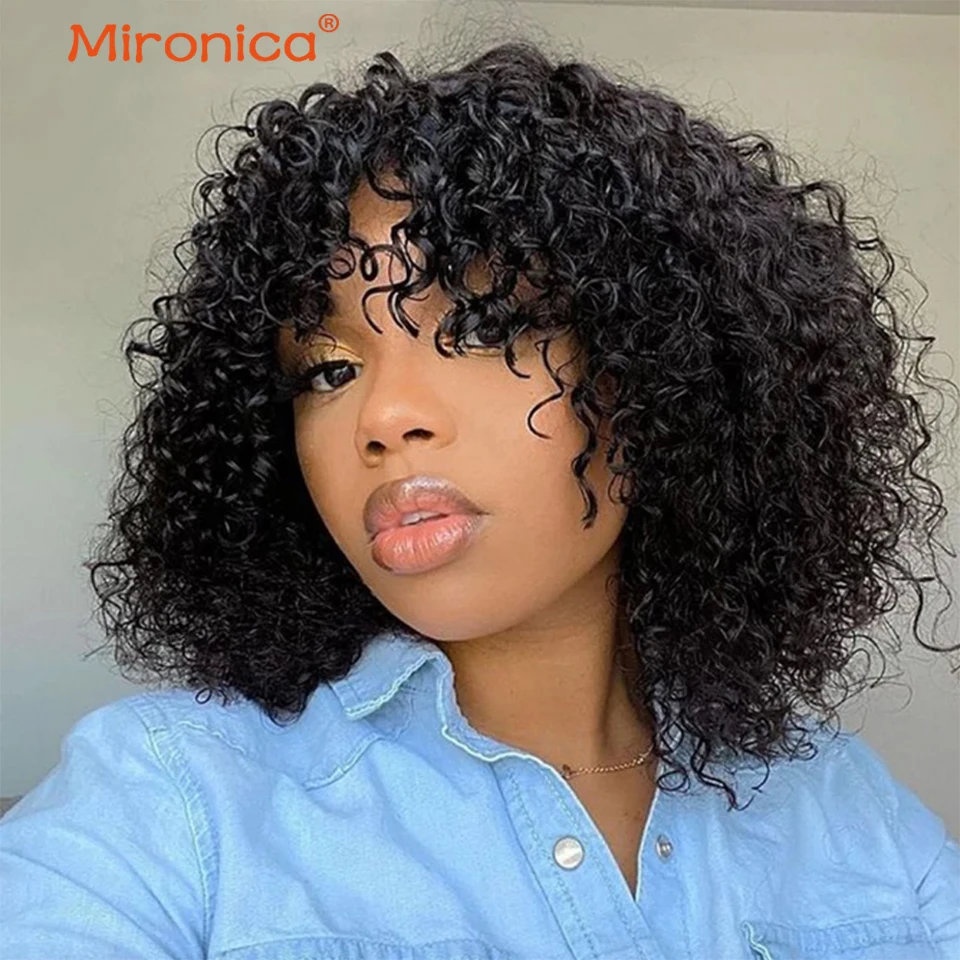 

200% Density Jerry Curly Full Machine Wig With Bangs Glueless None Lace Front Wig Human Hair Wigs For Black Women pixie Cut Wig