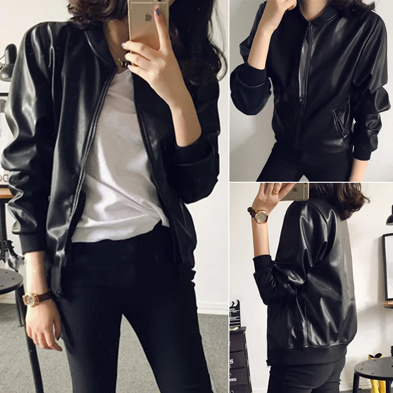 Black Punk Gothic Cool Girl Zipper  PU Leather Jacket Female Short Retro Stand Collar Zipper Black Motorcycle Jacket Cardigan
