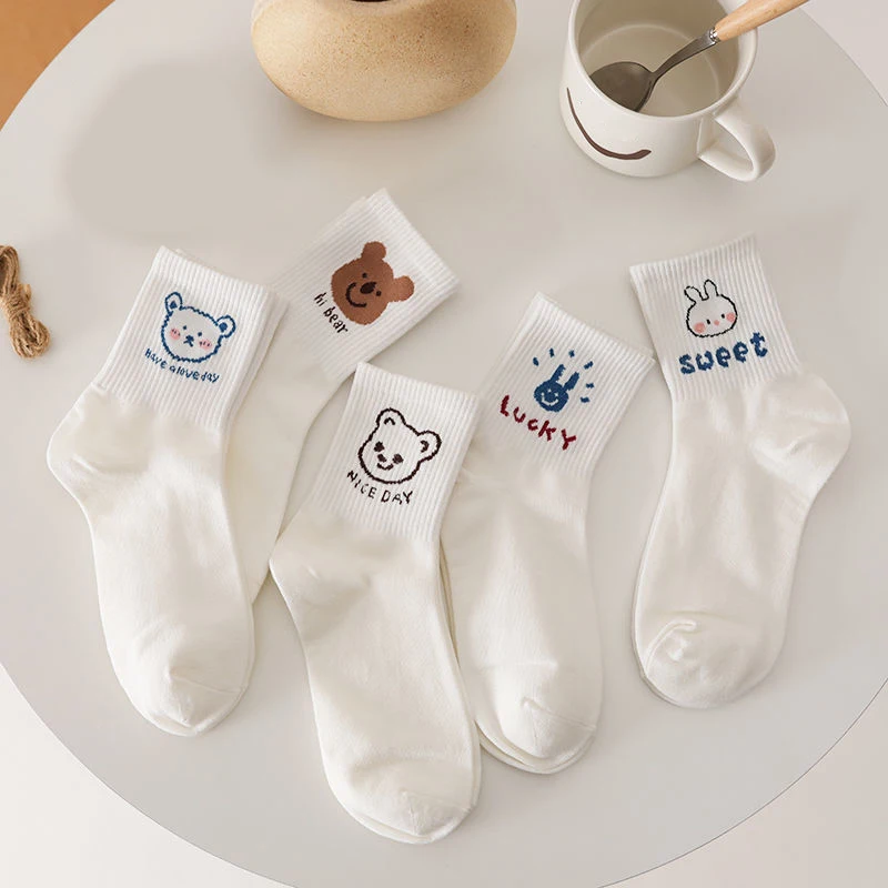 5Pairs Women Socks  Rabbit Bear Print Female Casual Socks Winter Cute Cartoon Animal White Long Socks