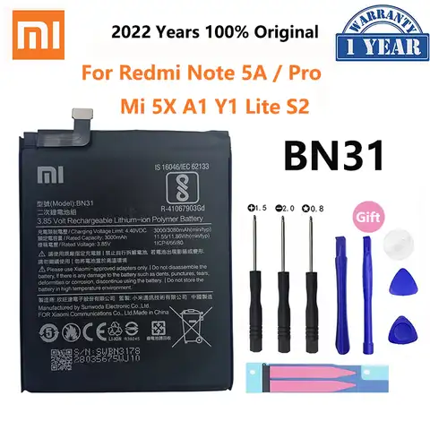 100% Оригинальный аккумулятор для телефона Redmi Note 5A Prime S2, сменная батарея для Xiaomi Mi 5X A1 Mi5X BN31 5A Pro Y1 MiA1 S2
