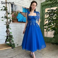 sumnus royal blue organza midi prom dresses bow straps appliques tea length a line party gowns formal evening gowns custom made