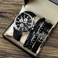 luxury mens watches fashion business stainless steel quartz wristwatch man leather calendar waterproof clock with bracelets 4pcs