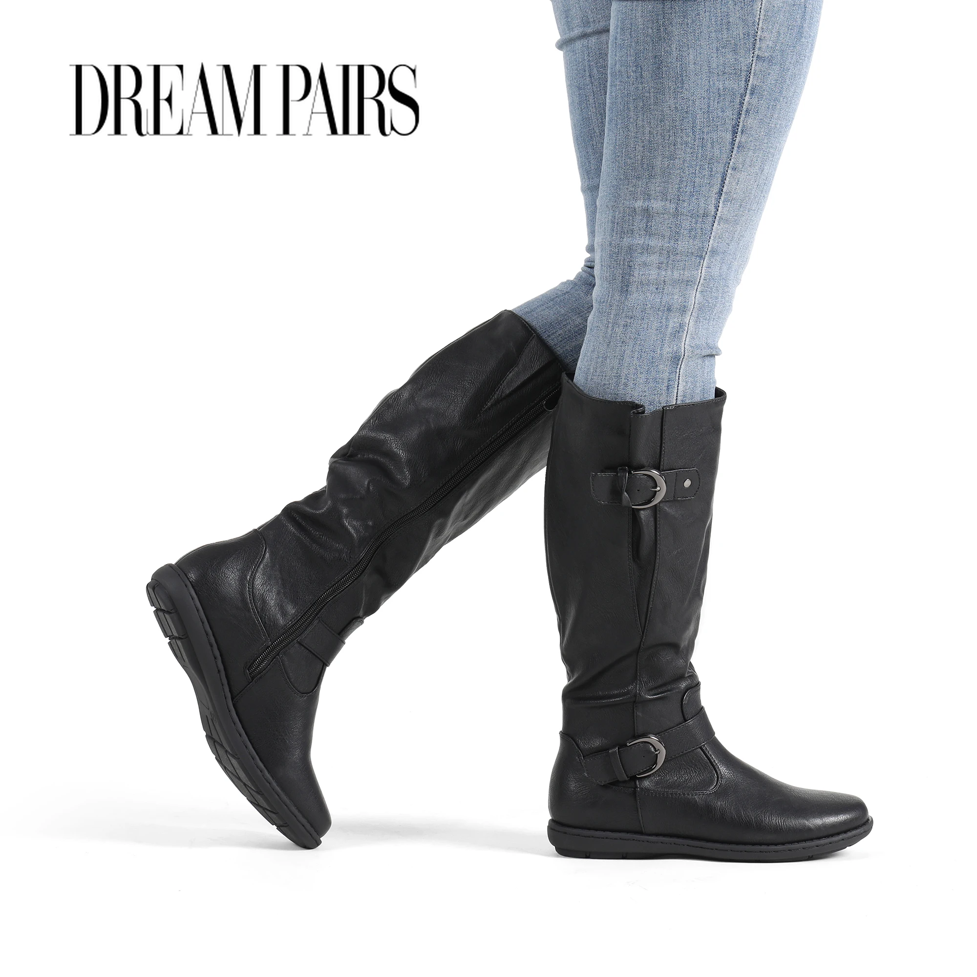 

Dream Pairs Women Knee High Boots Winter Black Vintage PU Leather Flat Shoes Sexy Retro Buckle Ladies Snow Boots
