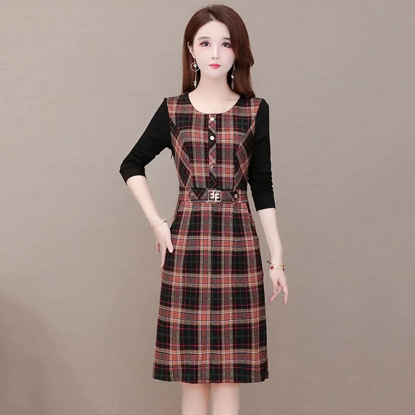 

2022 Spring New Korean Fashion Plaid Dress Women Patchwork Long Sleeve Elegant Party Dress Plus Size Vintage Knee Length Dresses
