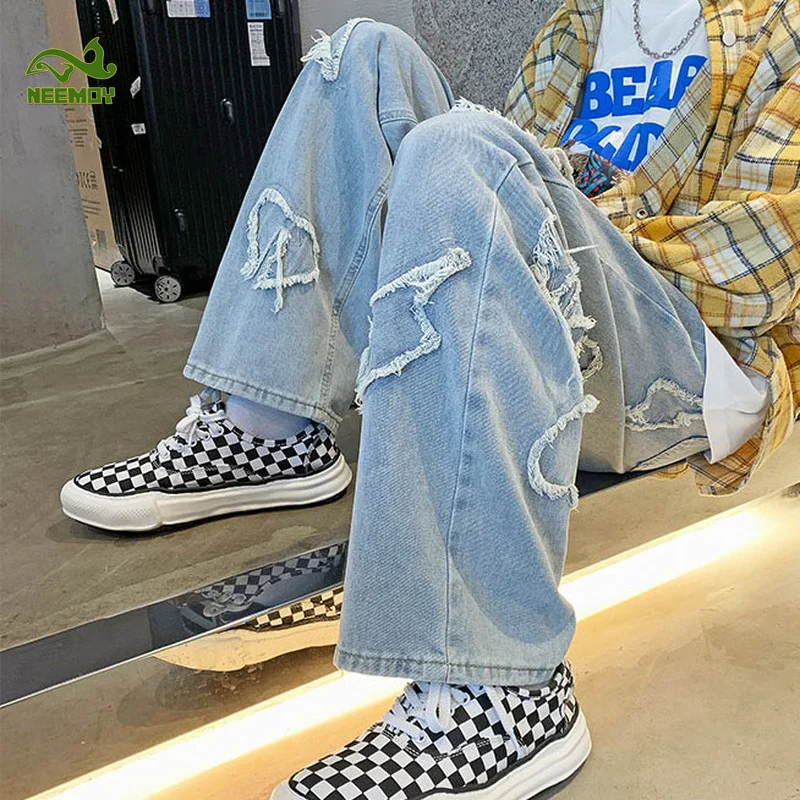 Neemoy Jeans Patches Losse Verontruste Fashion Cargo High Street Ins Gewassen Denim Streetwear Broek Jeugd Hip-Pop Hot Sale