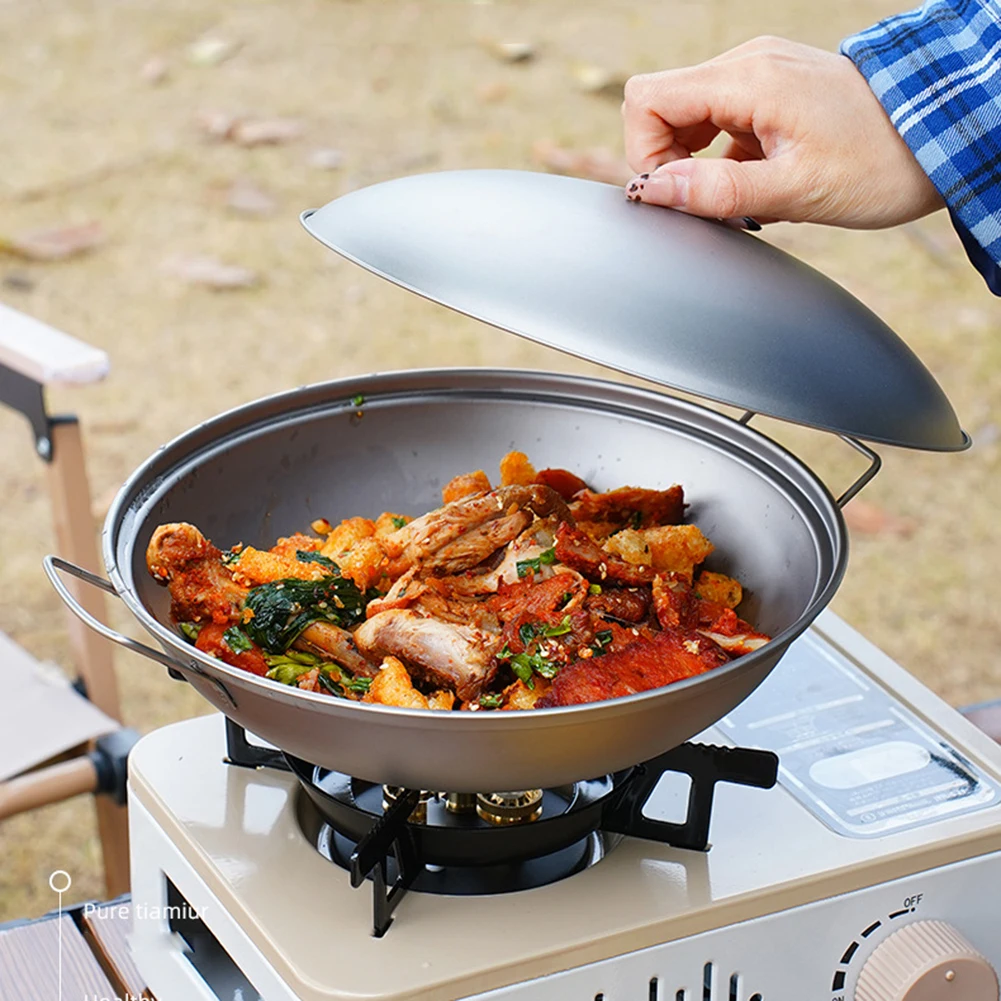 Титановая сковорода вок с крышкой индукционная плита двойной ручкой уличная для