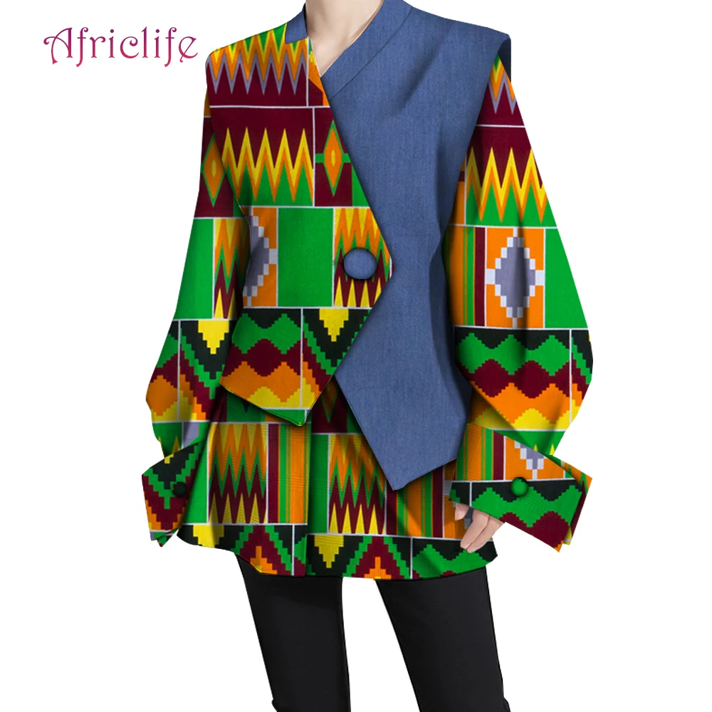 African Shirt and Jacket Suit Lady 2 Pcs V -Neck Long Sleeve  Patchwork Fashion Female Clothing WY6353