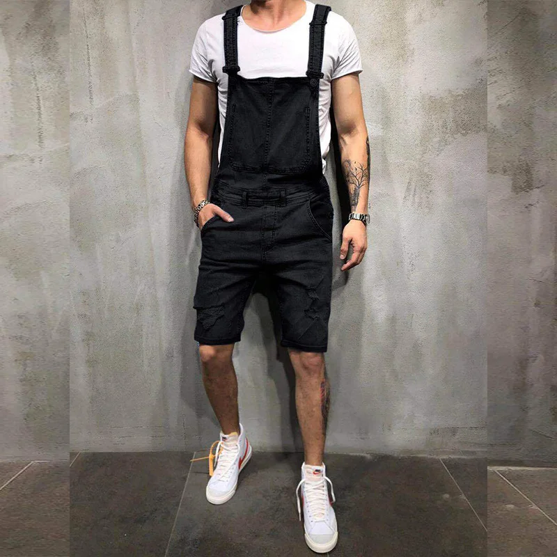 Men's Suspender Denim Jumpsuit Fashionable Holes Jeans Shorts Popular Overalls Knee Length Bibs Cargo Pants