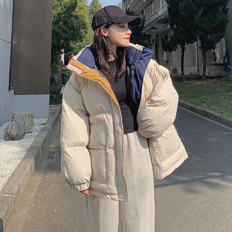 Autumn Winter New Patchwork Parka Women New Korean Fashion Loose Thicken Long Sleeve Stand Collar Puffer Jacket Mujer