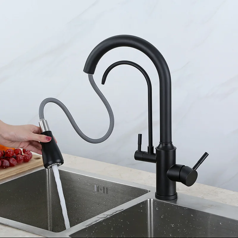 Пружинный смеситель для кухни вытяжной с двойным носиком одним рычагом и