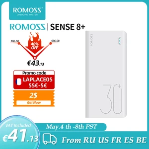 ROMOSS Sense 8 + внешний аккумулятор Пауэр банк 30000 мАч QC PD 3,0 Быстрая зарядка Повербанк 30000 мАч портативное Внешние аккумуляторы для Xiaomi Mi