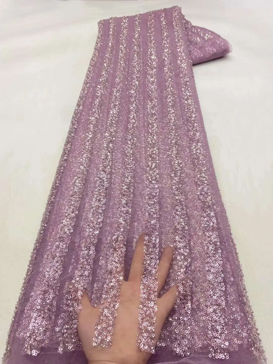 

Africa Latest Purple Luxury Beads Tulle Lace French High Quality Handmade Sequin Mesh Fabric Nigeria For Wedding Bride Dress Sew