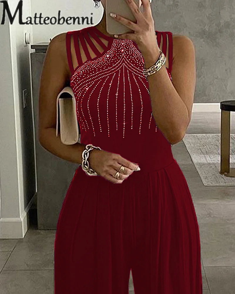 2023 Summer British Style Strap Neck Sleeveless Diamond Decoration Jumpsuit Female Shrink Waist Slim Fit Straight Wide Leg Pants