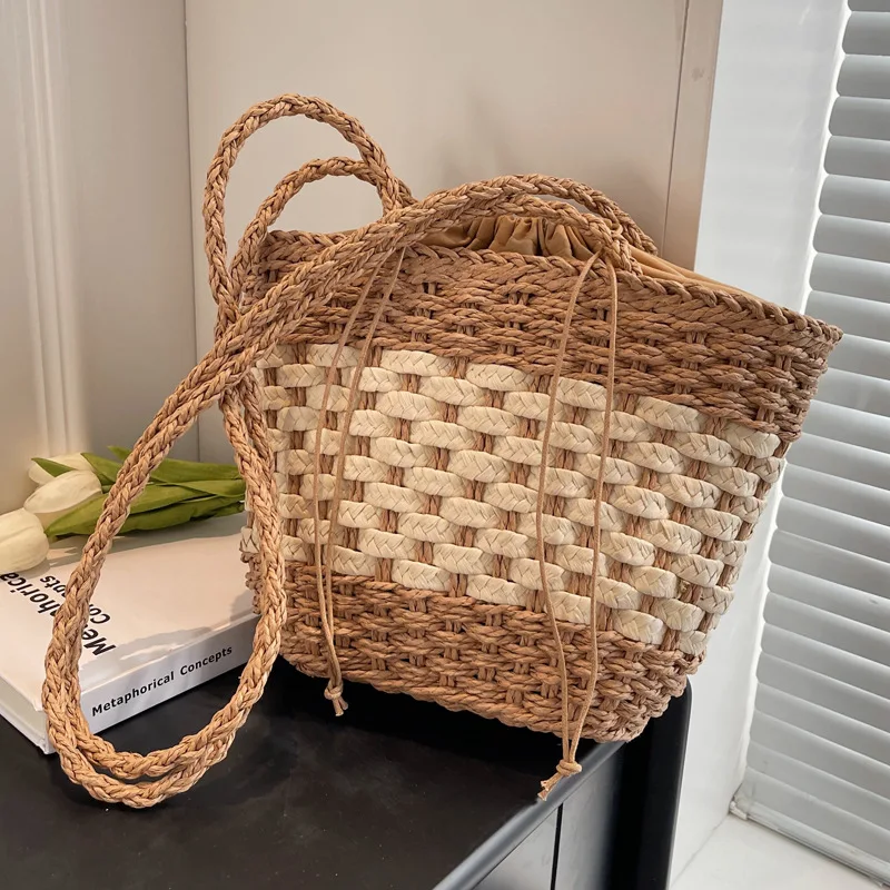 

2023 Summer Handwoven Straw Beach Tote Bags for Women Vintage Handbag Basket Vacation Shoulder Bag Ins Casual Crossbody Bags
