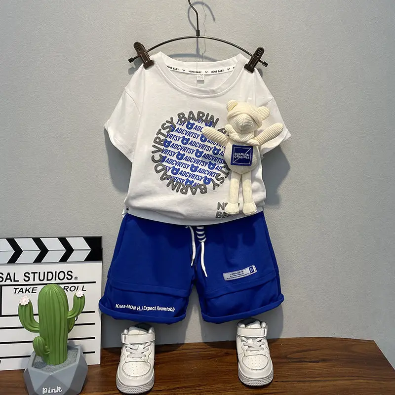Boys Summer Suit 2022 New Foreign Handsome Baby Summer Fashionable Trendy Children's Short-Sleeved Clothes