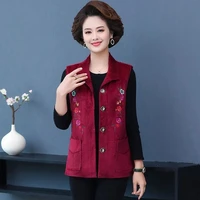 women fashion embroidery corduroy spring autumn jacket middle aged elderly thin waistcoat 5xl loose size vests
