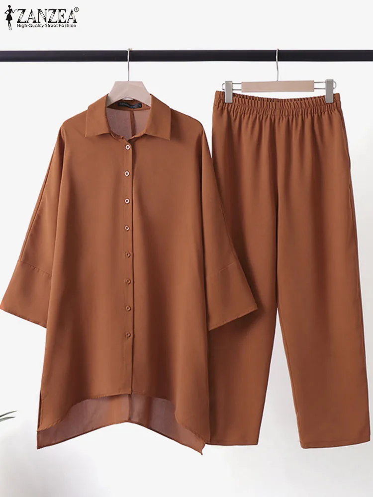 ZANZEA Long Sleeve Lapel Blouse Wide Leg Pant Women Elegant Muslim Suit Solid Vintage Stylish Isamic Clothing Tracksuits 2023