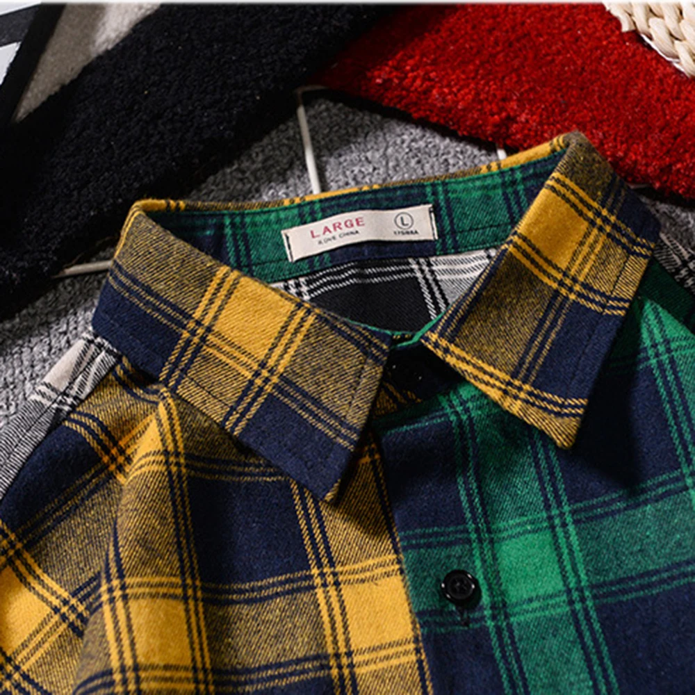Long Sleeve Comfort Japanese Harajuku Vintage Plaid Patchwork Shirts Flannel Plaid Shirt Spring Autumn Casual Shirt Men MCL249