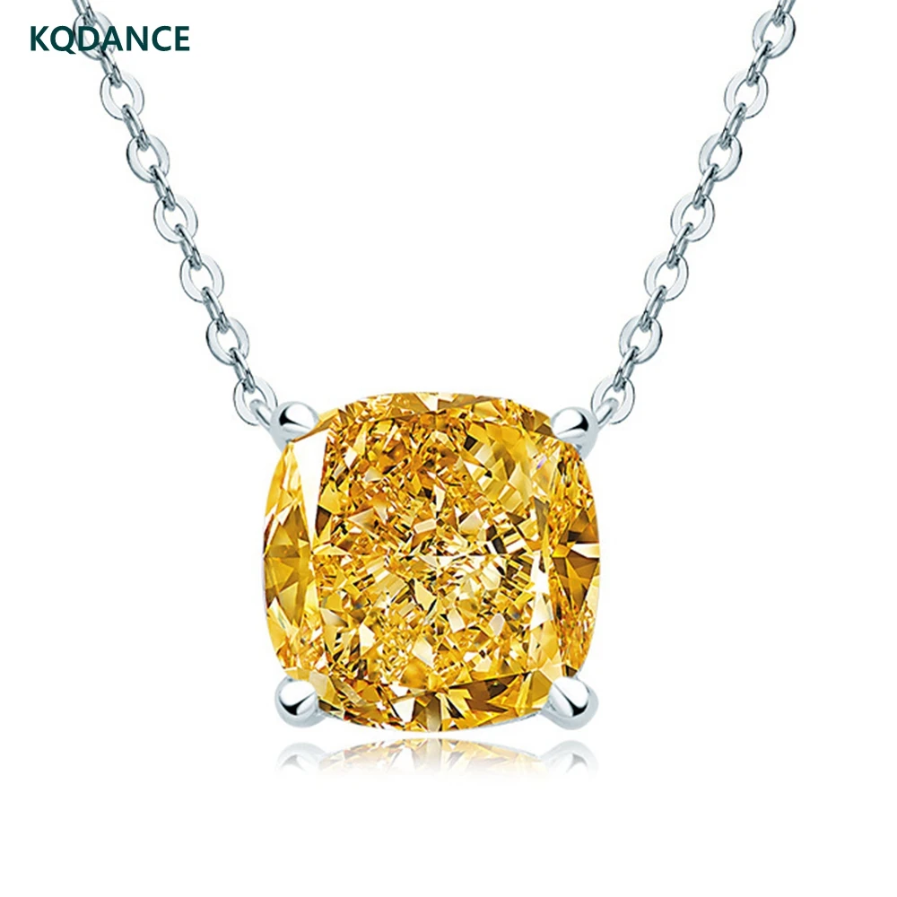 

KQDANCE 925 Sterling Silver 10*10mm Yellow Cushion Cut Lab Citrine Diamond Pendant Necklace For Women Sparkling Fine Jewelry