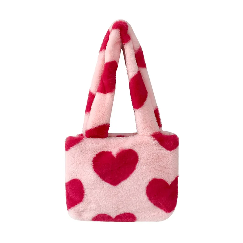 

Симпатичная розовая плюшевая Сумочка с принтом в форме сердца 2023, модная женская сумка-тоут из мягкого искусственного меха, кошельки, женские сумки на плечо, женские пушистые сумки-тоуты