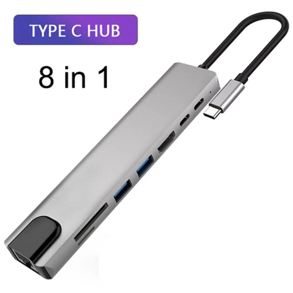 

8 в 1 USB 3,1 USB C Тип C концентратор на 4K 30 Гц HDMI RJ45 USB 3,0 SD/TD кардридер 87 Вт PD зарядный адаптер концентратор для MacBook Pro